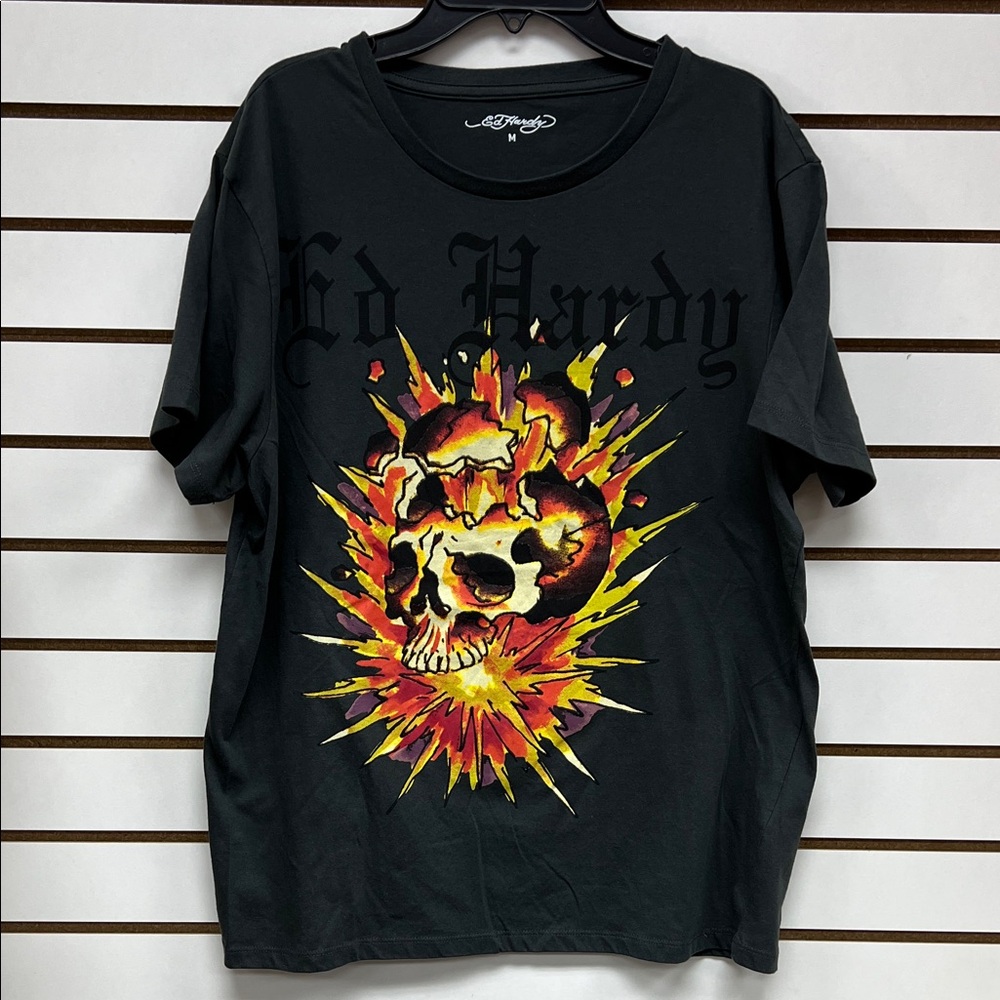 Ed Hardy Black Shirt with Fiery Skull Design